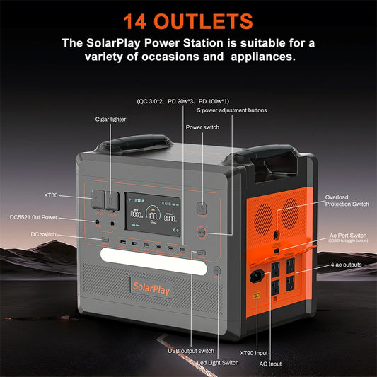 SOLARPLAY Portable Power Station 2500W/2300Wh Solar Generator with 4 AC Outlets (4800W Peak)