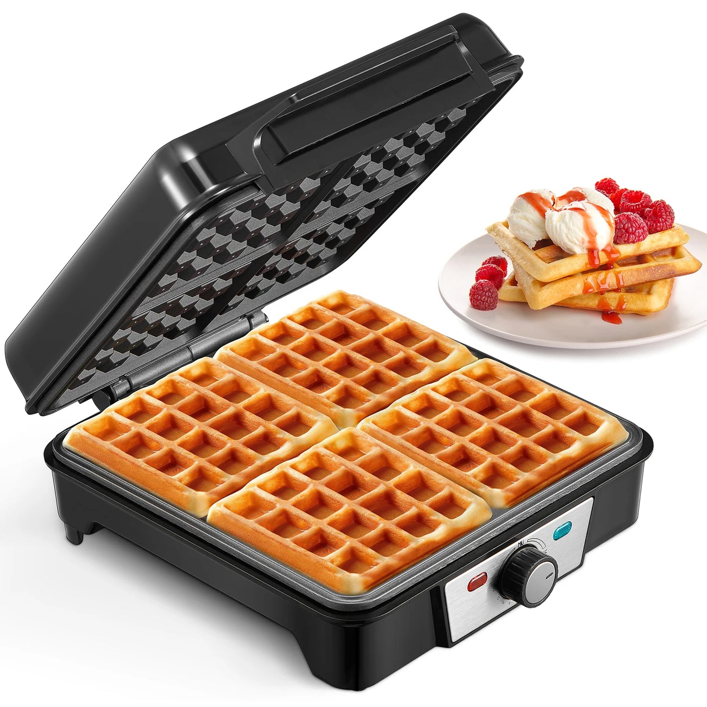 4-Slice Belgian Waffle Maker, 3 Browning Levels with Nonstick Square Waffle Iron Plates, 1200 Watts