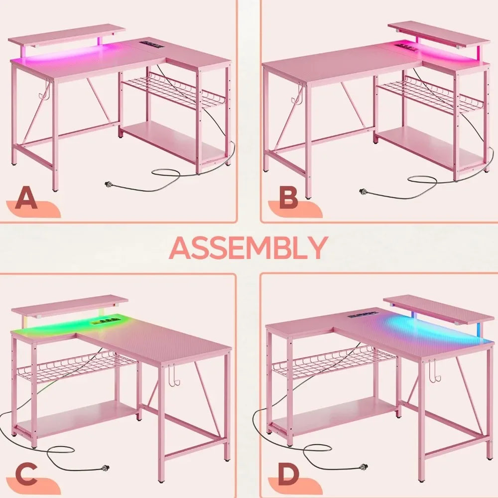 Gaming Desk with Power Outlets,42 LED Small Corner with Reversible Storage Shelves, L Shaped Desk