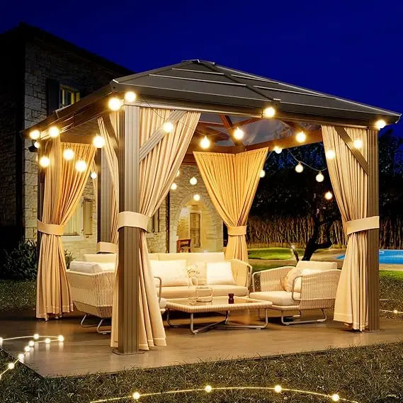 Aluminum Framed Pavilion w/Double Polycarbonate Roof, Curtains, and Netting for 10x12 Gazebo