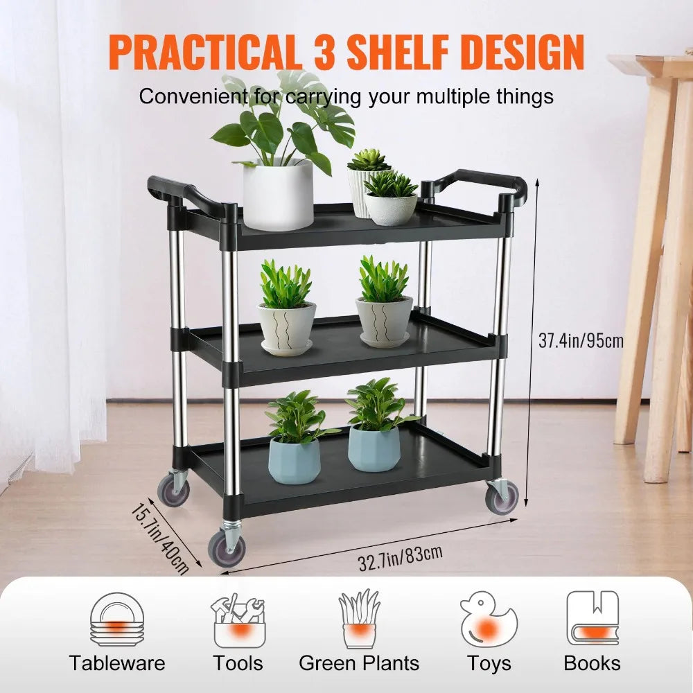 BENTISM Utility Service Cart with Wheels 3-Tier Food Service Cart 154lbs Capacity