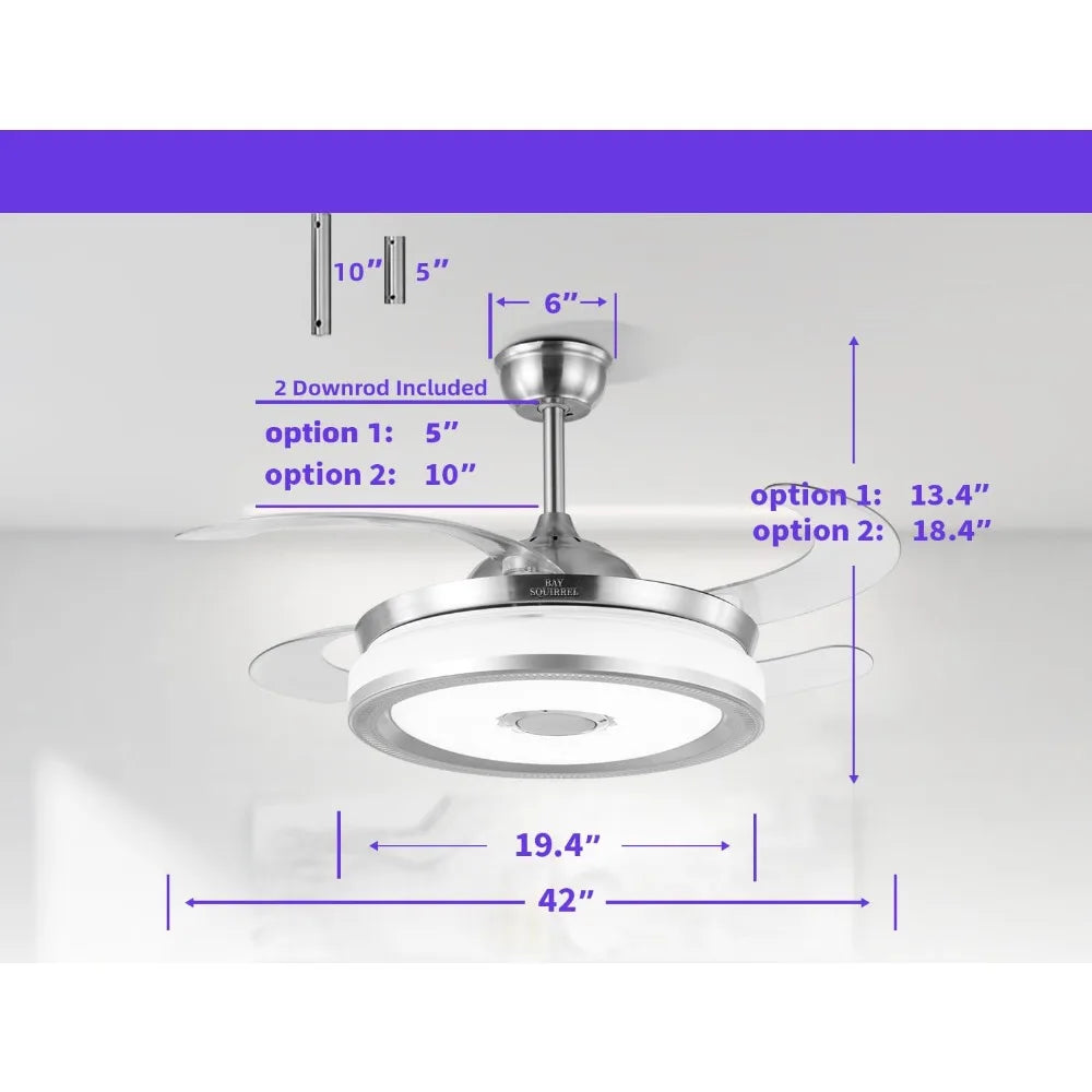 2024 Retractable Bluetooth Ceiling Fan w/Speaker, Retractable Fan w/ Light & Remote/APP Control