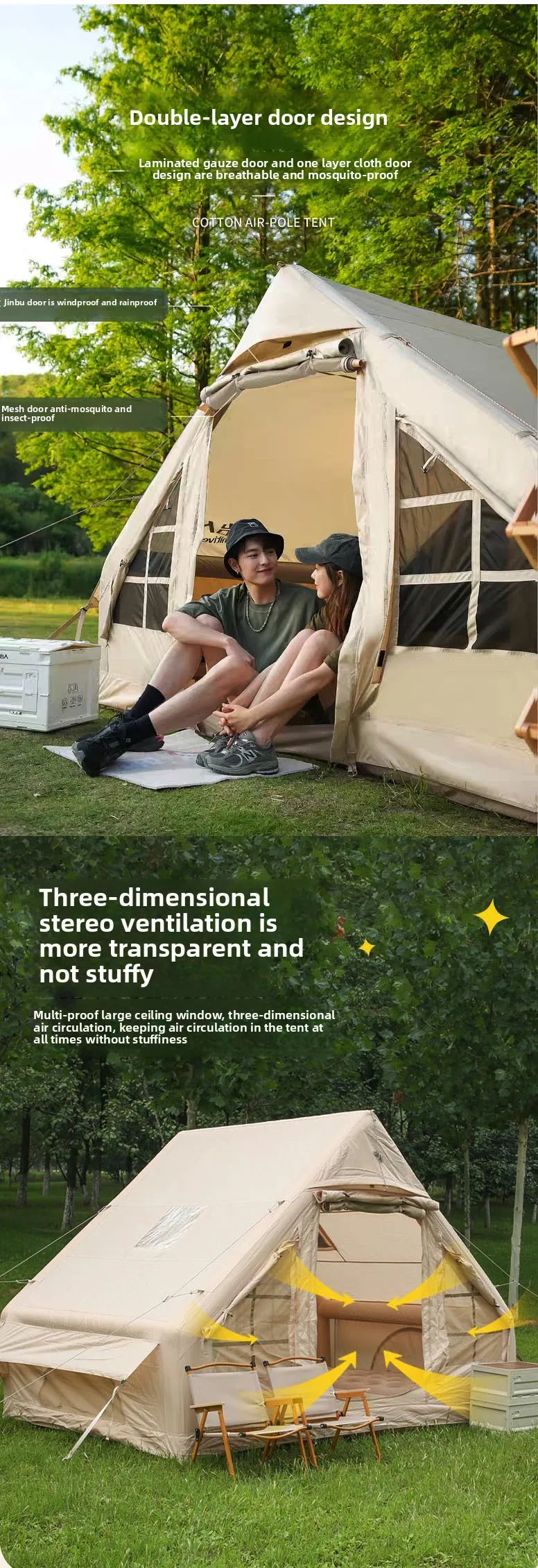 Inflatable tent camping for 1-6 people, hand pump inflation tent, w/skylight and chimney waterproof