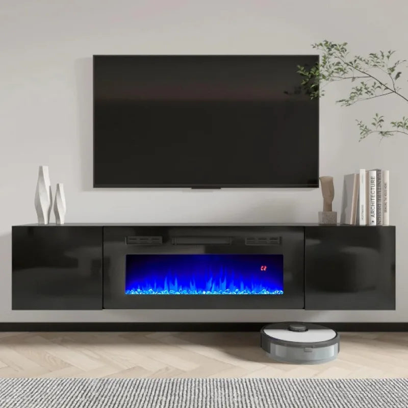 Floating TV Stand w/ 36" Electric Fireplace,High Gloss Finish Wall Mounted Entertainment Center