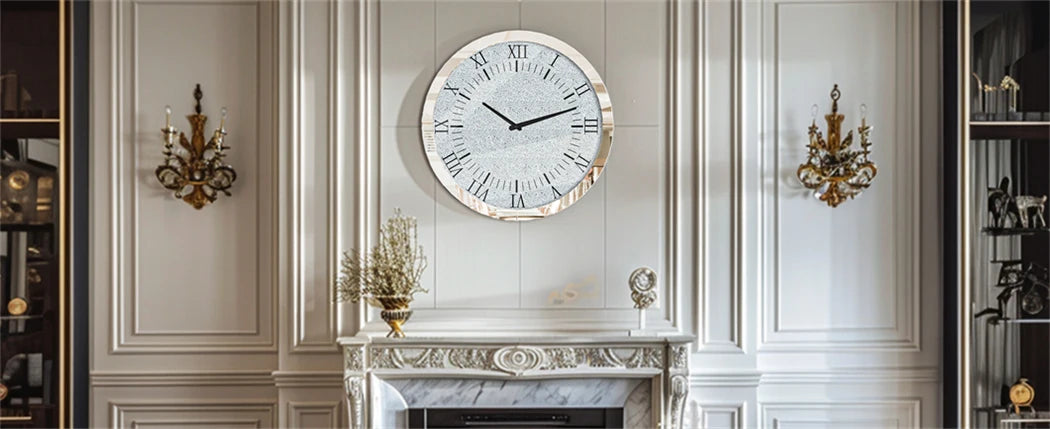 60 CM Crushed Diamond Wall Clock Roman Numerals Clock Quartz with Crystal Diamond Edge