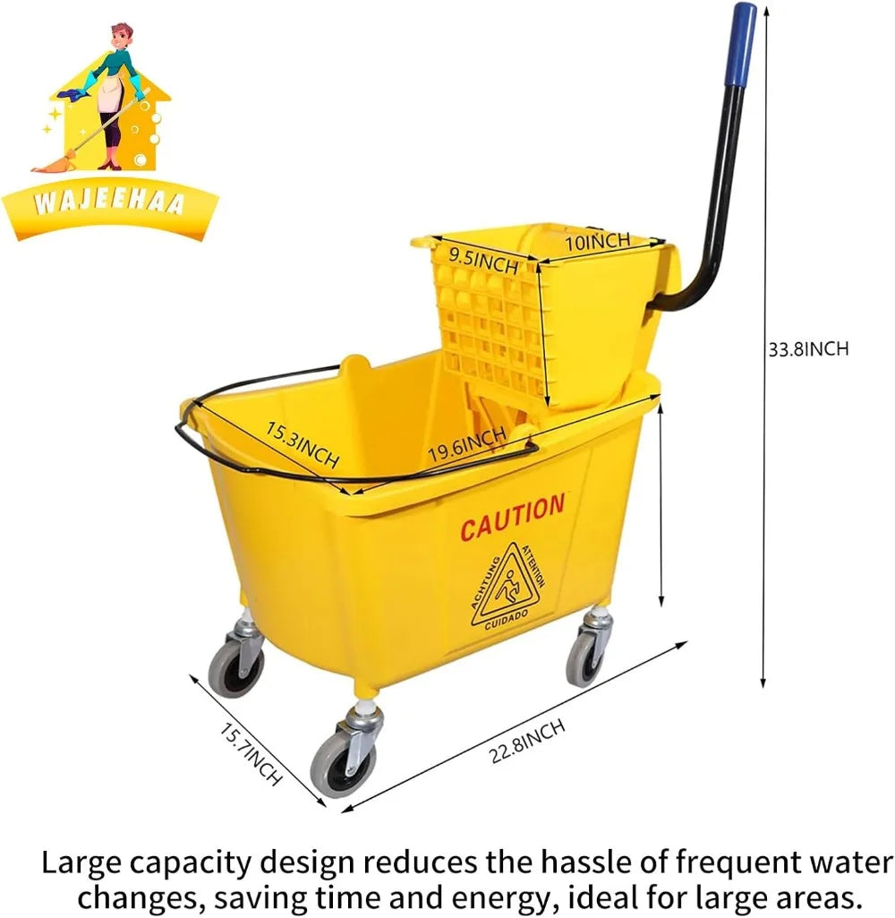 35 Quart Commercial Mop Bucket with Side Press Wringer, Yellow, Includes Mop for Floor Cleaning
