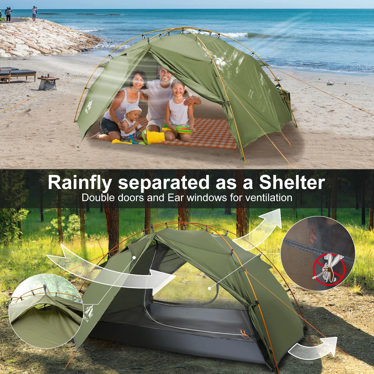 Backpacking Tent 2 Persons Camping with Separated Rainfly Aluminum Pole Double Layers L-shaped