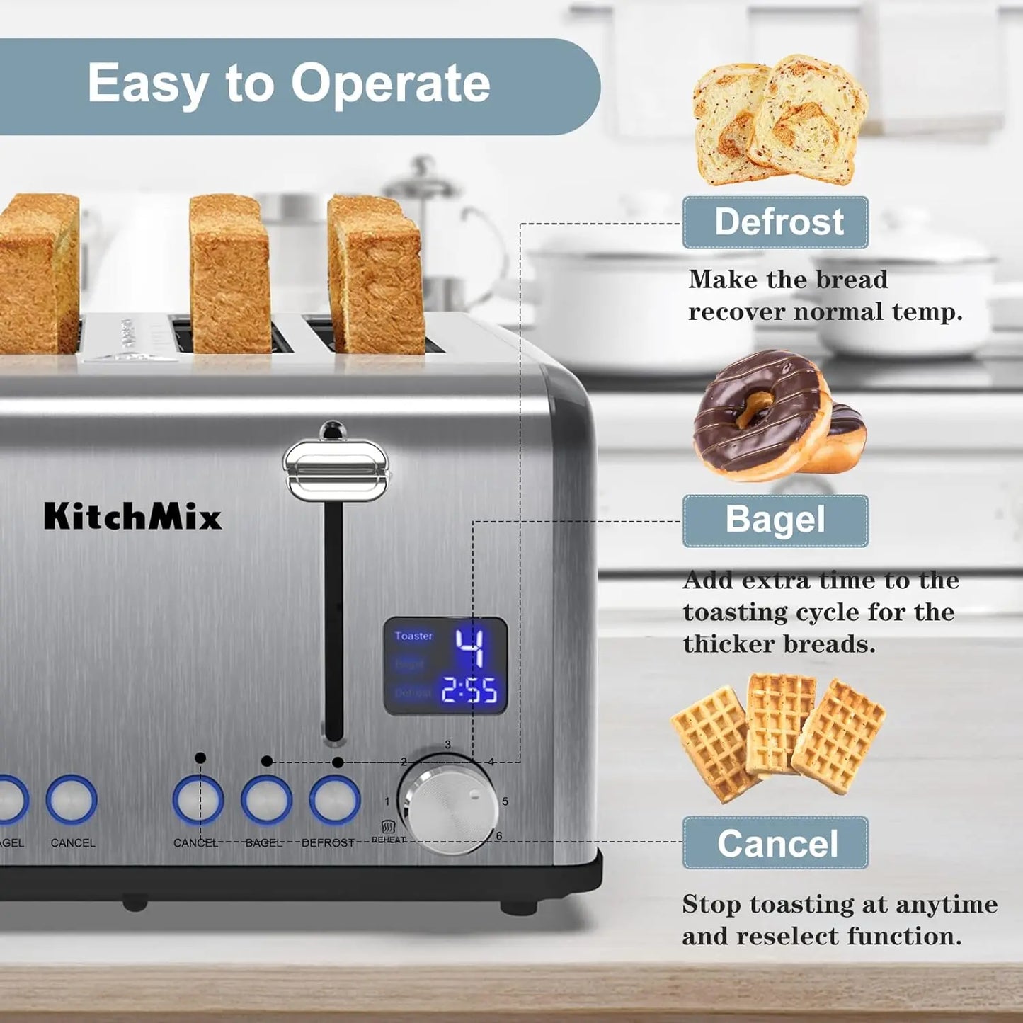 KITCHMIX Toaster 4 Slice, Bagel Stainless LCD Timer, Extra Wide Slots, Dual Screen,Crumb Tray