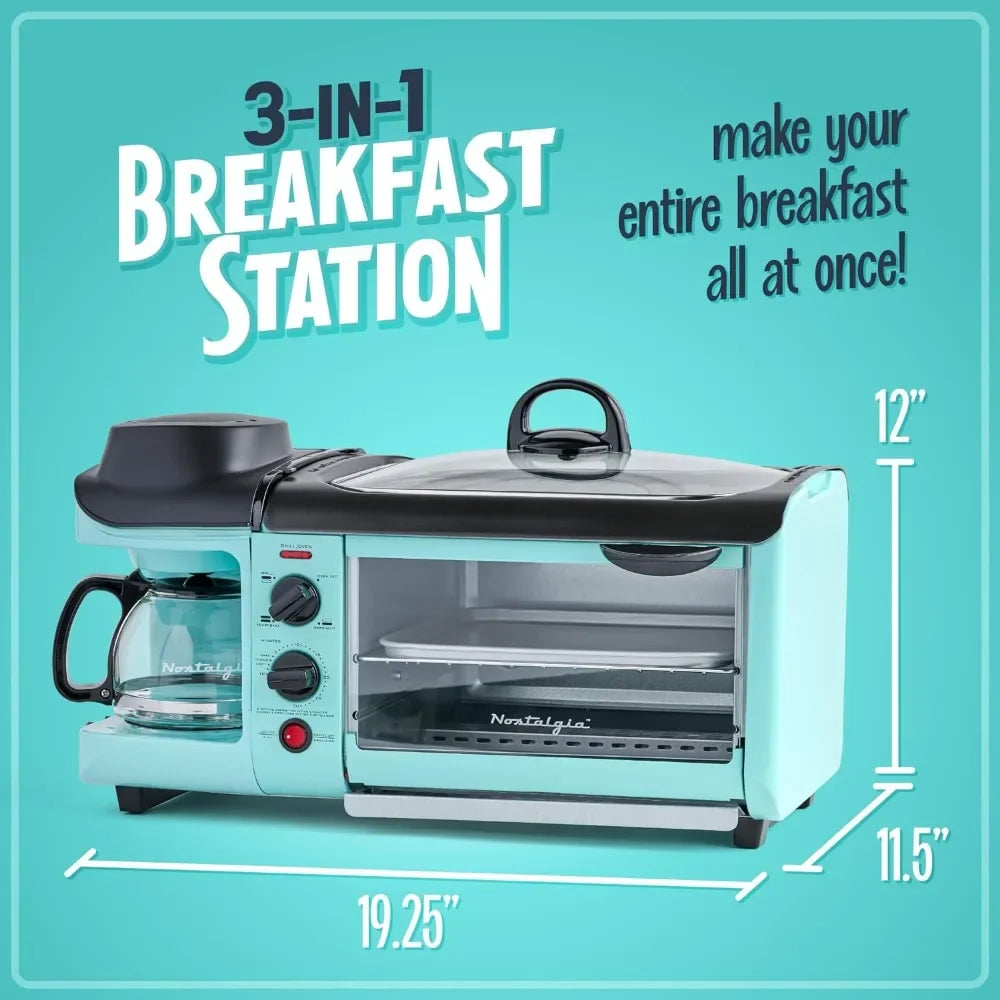 Nostalgia 3-in-1 Breakfast Station - Includes Coffee Maker, Non-Stick Griddle, and 4-Slice Toaster Oven