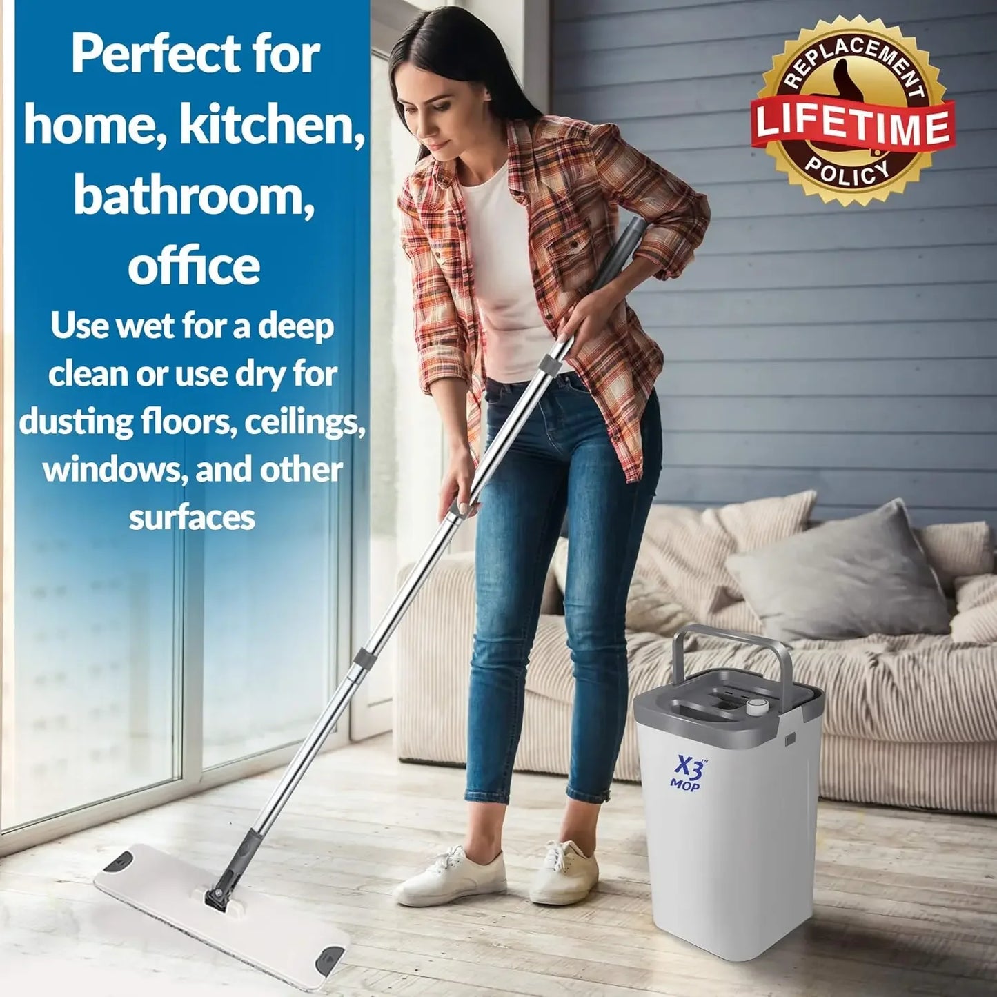 Separates Dirty and Clean Water, 3-Chamber Design, Flat Mop and Bucket Set, Hands Free Cleaning