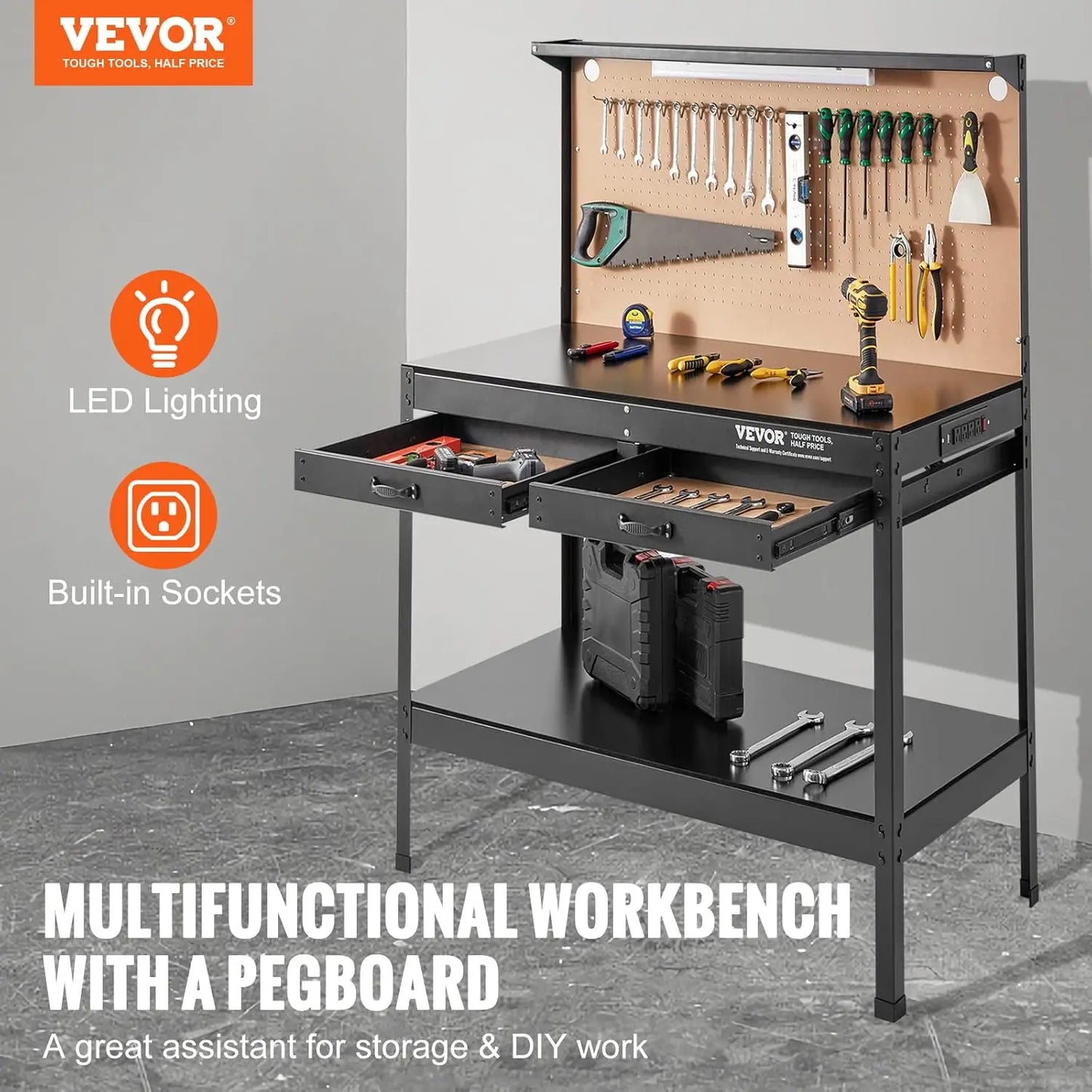 Workbench, A3 Steel Workbenches for Garage max 1500W, Heavy Duty Work Bench w/220 lbs Load Capacity