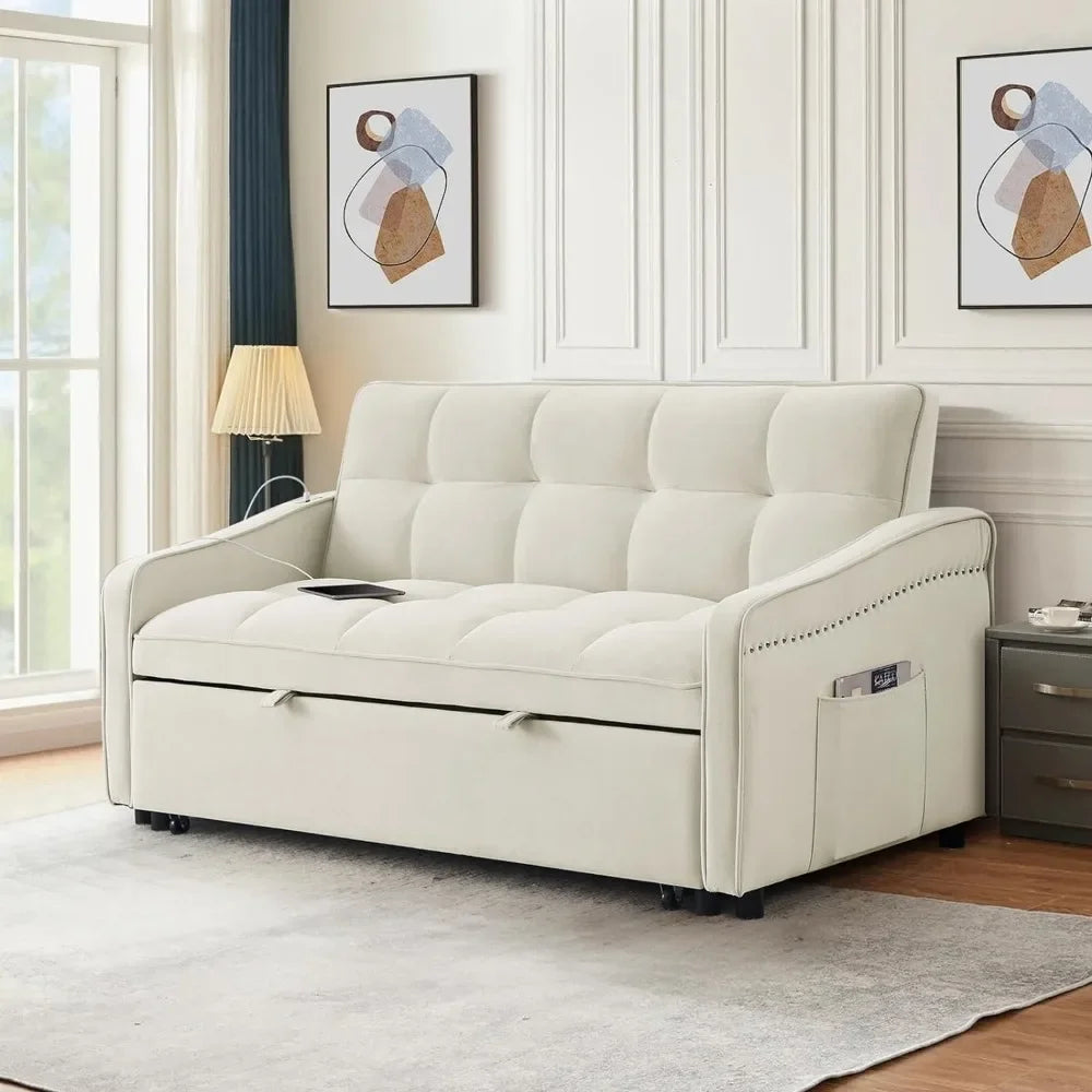 3 in 1 Sleeper Sofa Couch Bed w/USB & Type C Port, 52" Small Modern Loveseat Sofa w/Pull Out Bed