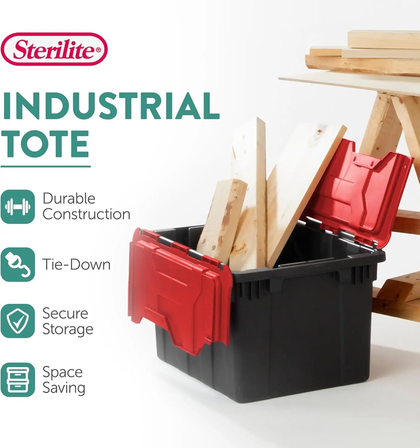 6 Pack Hinged Lid Industrial Totes, 12 Gal Stackable Storage Bins, Black/Red Lid