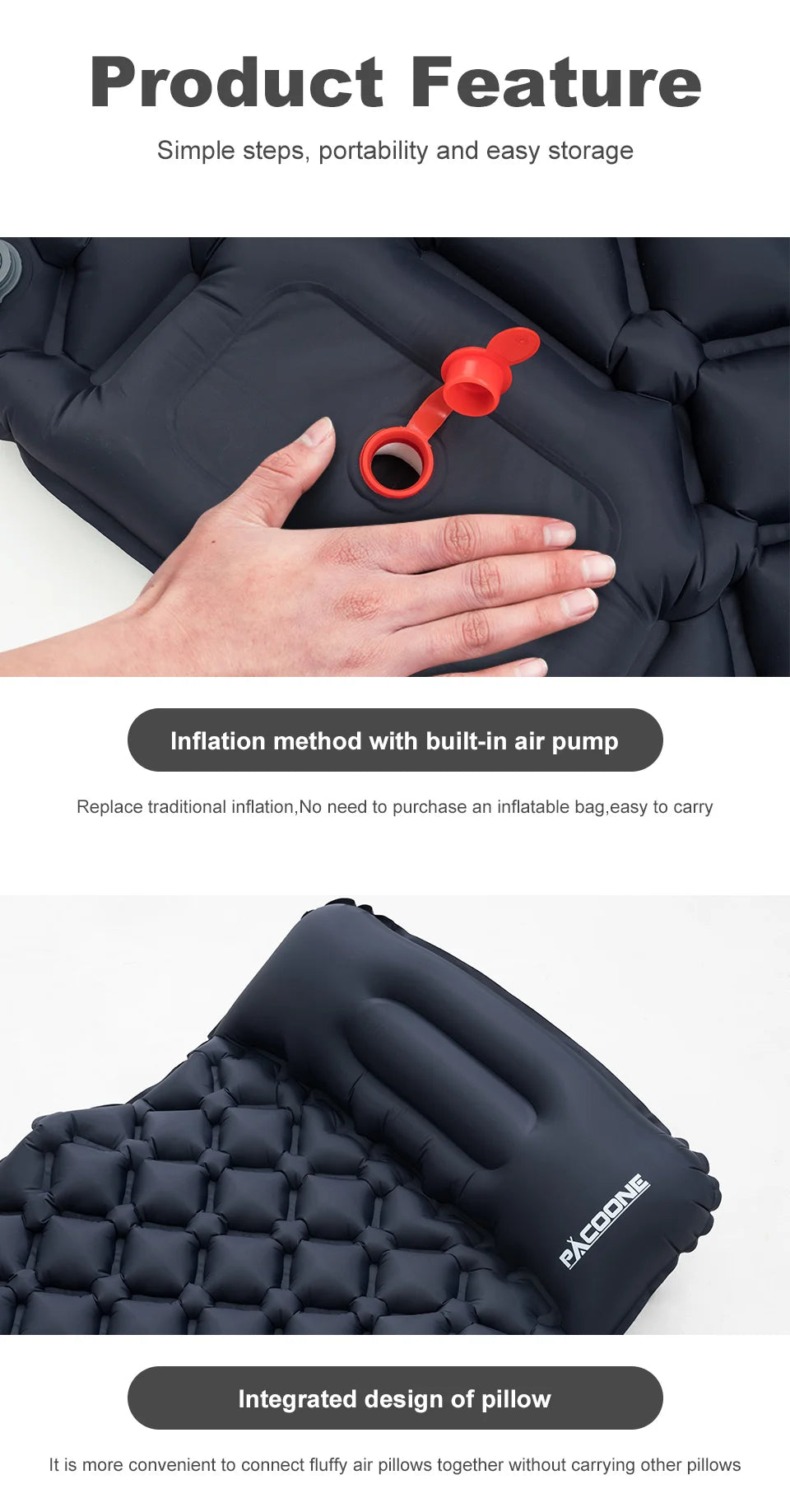 PACOONE Camping Inflatable Mattress Built-in Pump Ultralight Air Cushion Travel Mat With Headrest