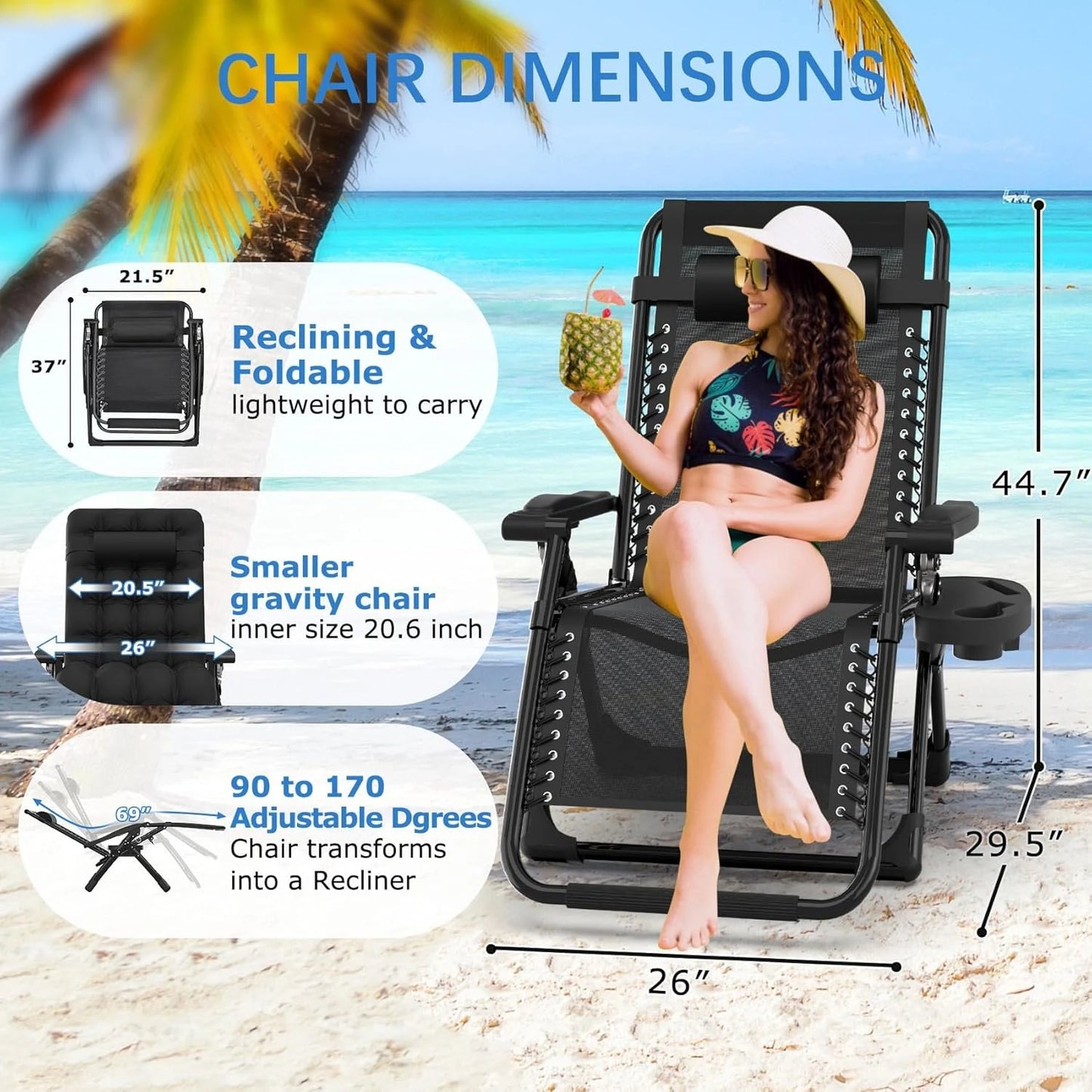 3-in-1 Zero Gravity Folding Lounge Chair, Heavy Duty Steel Frame 500LBS Weight Capacity