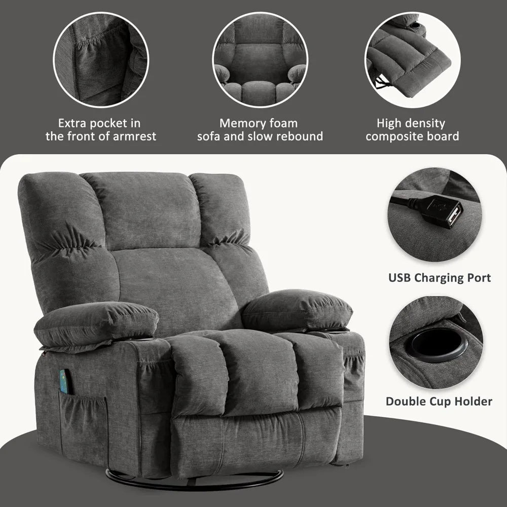 Recliner Chair with Vibration Massage & Lumbar Heating, 360° Swivel Oversized Rocker Recliner /USB