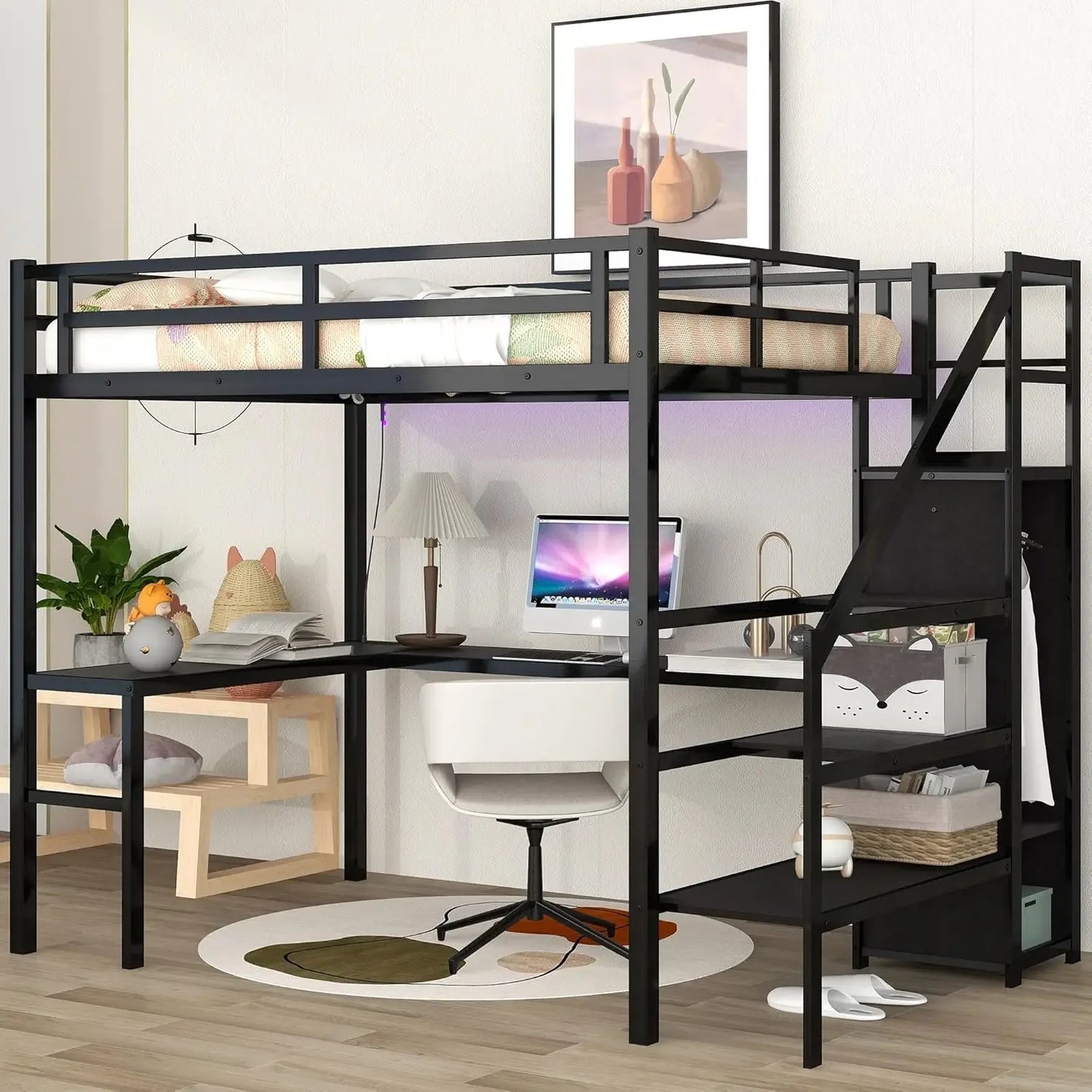 Full Size Loft Bed w/Desk Storage Stairs & Wardrobe Full Loft Bed w/Charging Station(USB & Outlets)