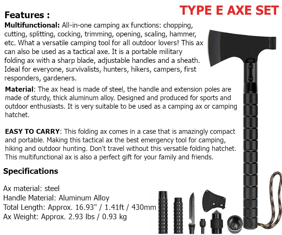 Survival Camping Axe Foldable Tactical Axe Multi Tool Kit Emergency Gear Tomahawk Wild Hatchet AX