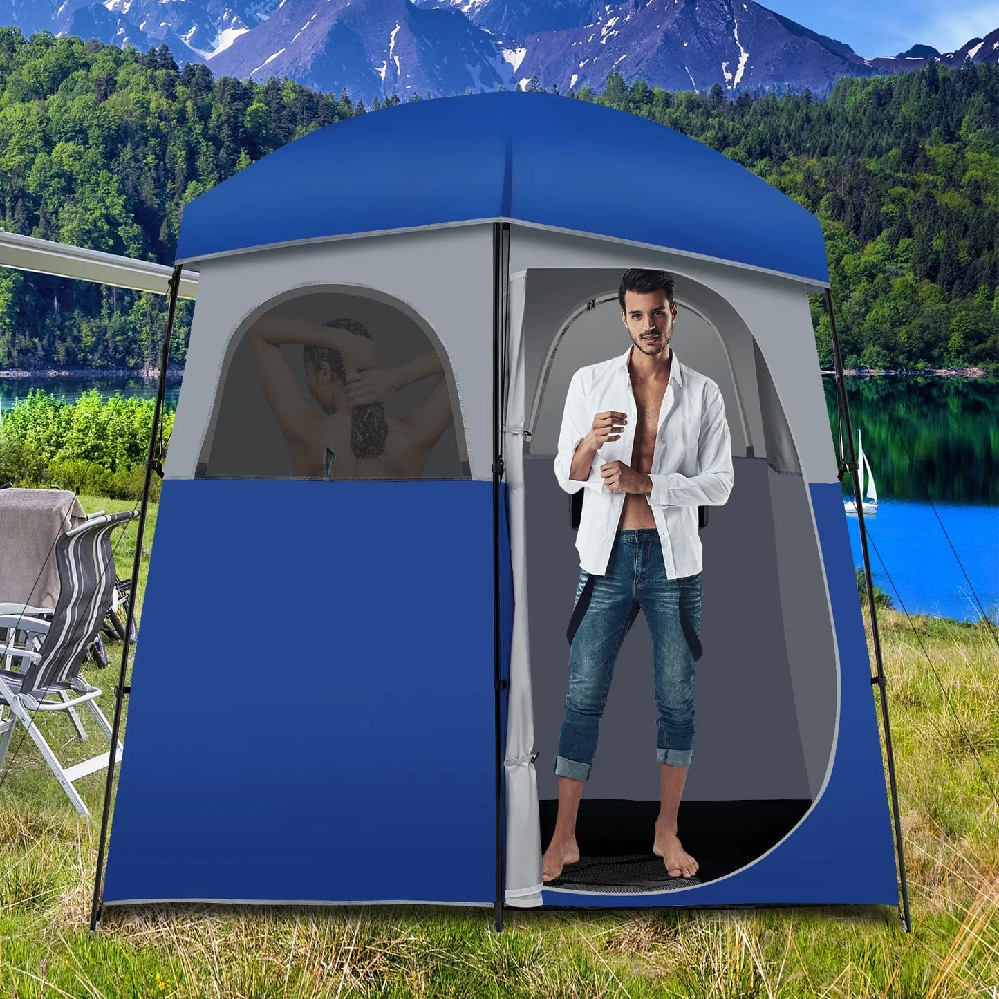 Portable Camping Shower Toilet Tent with Floor and Storage Bag for Double Room Use