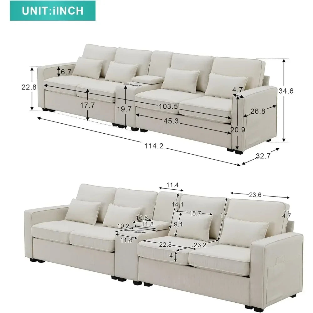 Upholstered Sectional Sofa with Console, Holders and USB Ports & Wirelessly Charged, for Living Room, Apartment,Office,114.2inch