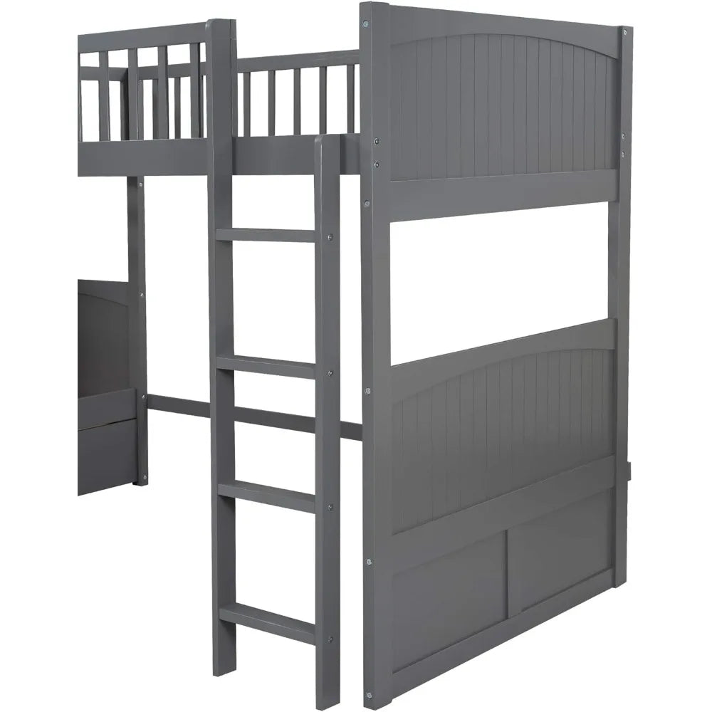 Size Bunk Bed/Loft Bed w/2 Drawers, L-Shaped Corner Triple Bunk Bed, Twin-Over-Twin Bunkbeds' (Grey)