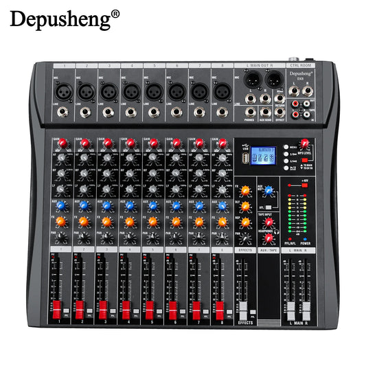 Audio Mixer 6/8/12 Channels Professional DJ mixer LR microphone/line input, AUX,FX processor MP3, headphones, +48V Phantom