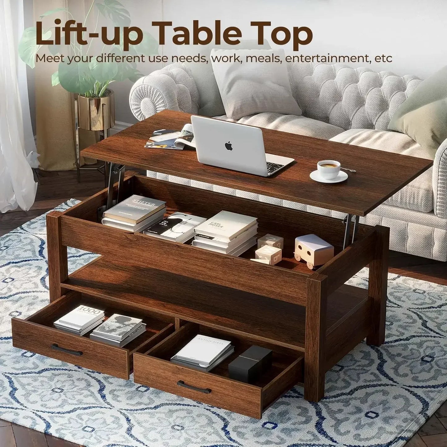 Coffee Table, Lift Top Coffee Table with Drawers and Hidden Compartment, Retro Central Table