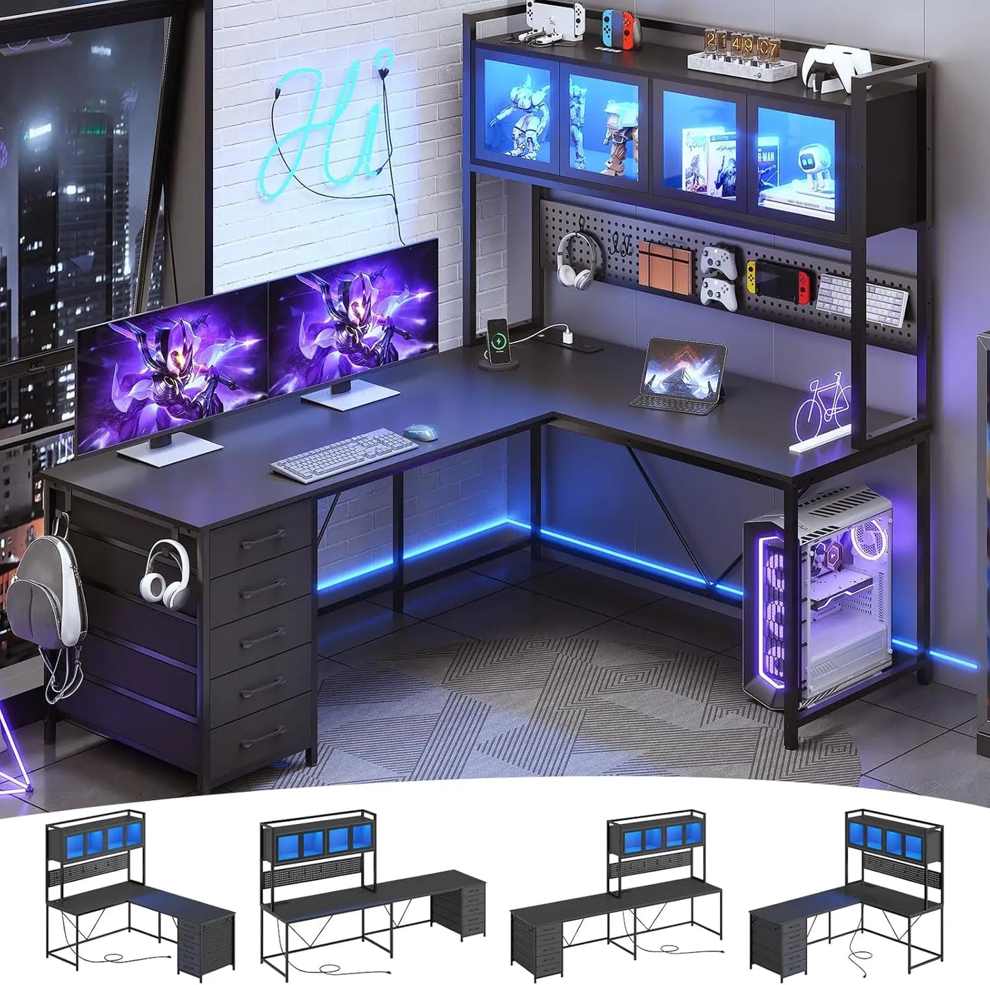 SEDETA L Shaped Gaming Desk with Drawers, L Shaped Computer Desk with Hutch and Storage Shelves