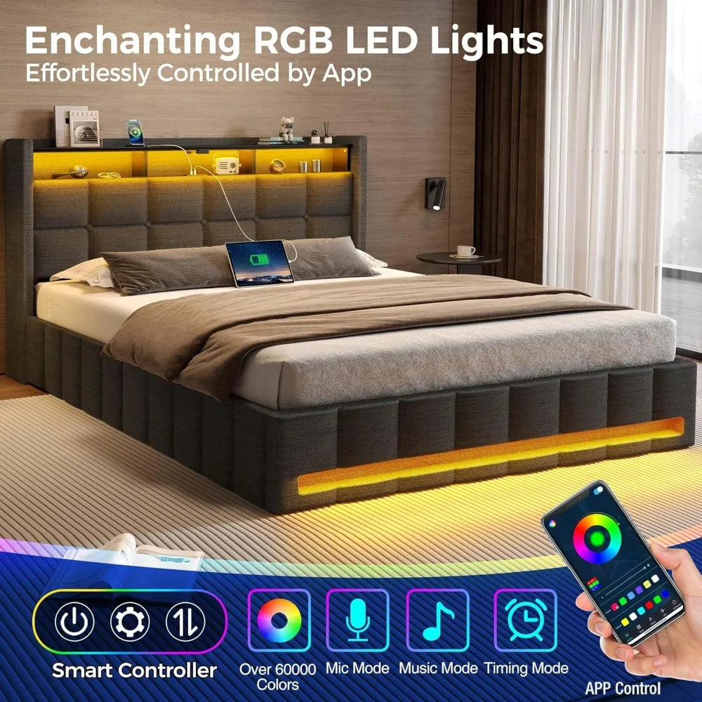 Rolanstar Bed Frame Queen Size, Lift Up Storage, Charging Station, LED Lights, Upholstered Headboard