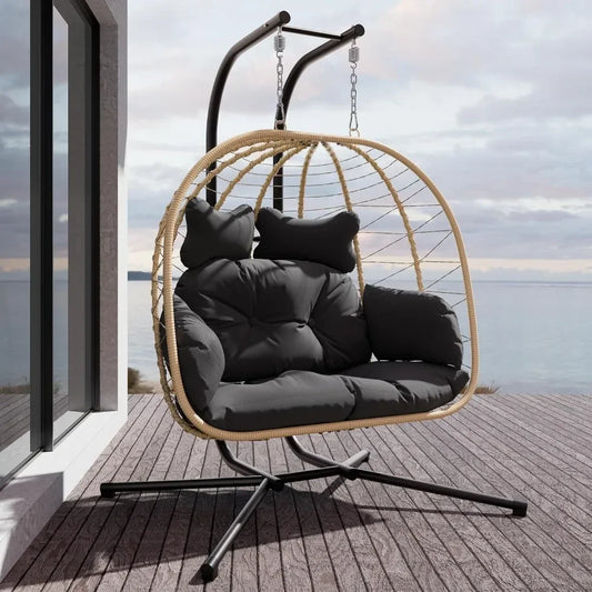 Double Indoor/Outdoor Wicker Swing Egg Chair Hammock Foldable Hanging Loveseat with Stand