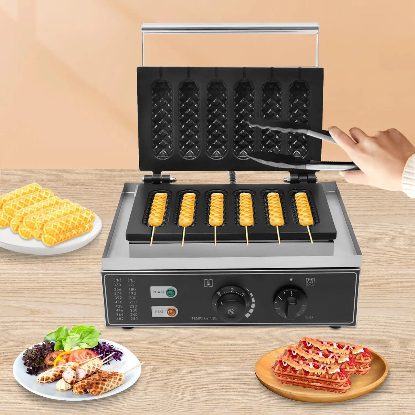 6pcs Hot Dog Waffle Machine,Commercial Nonstick Hot Dog Machine French Muffin Irons Stainless Steel
