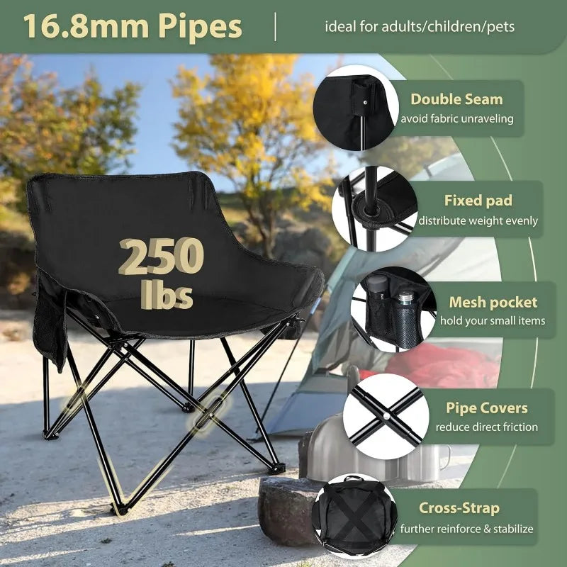 Camping Chairs Set, Adult, 2 Black Folding Moon Chair & 1 Lightweight Camp Table W/CUP HOLDERS