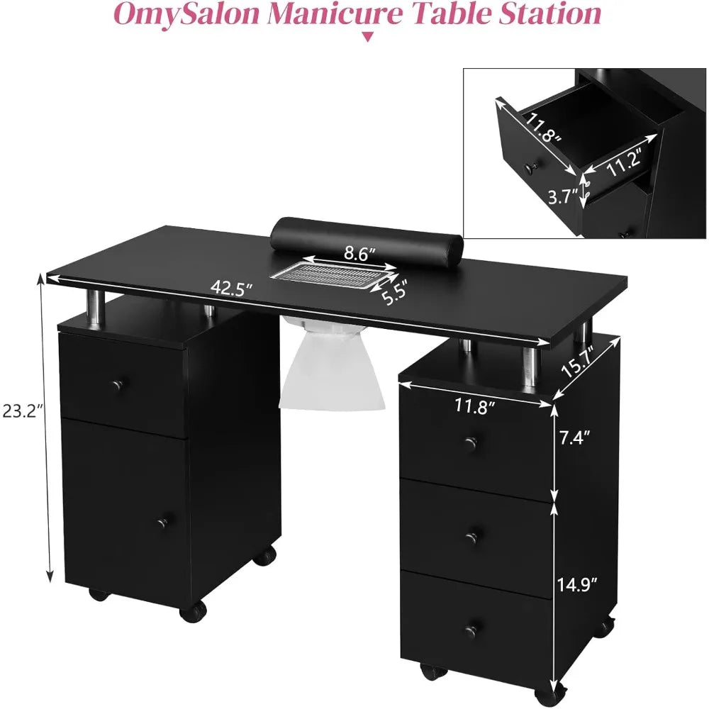 Manicure Table Nail Desk Nail Tech, Table w/Electric Dust Collector, Nail Makeup Beauty Salon Storage  ,4 Drawers&Cabinet