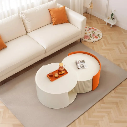 Nesting Coffee Table Set of 2, Modern Round  Side Tables with Extendable Sliding Tabletop
