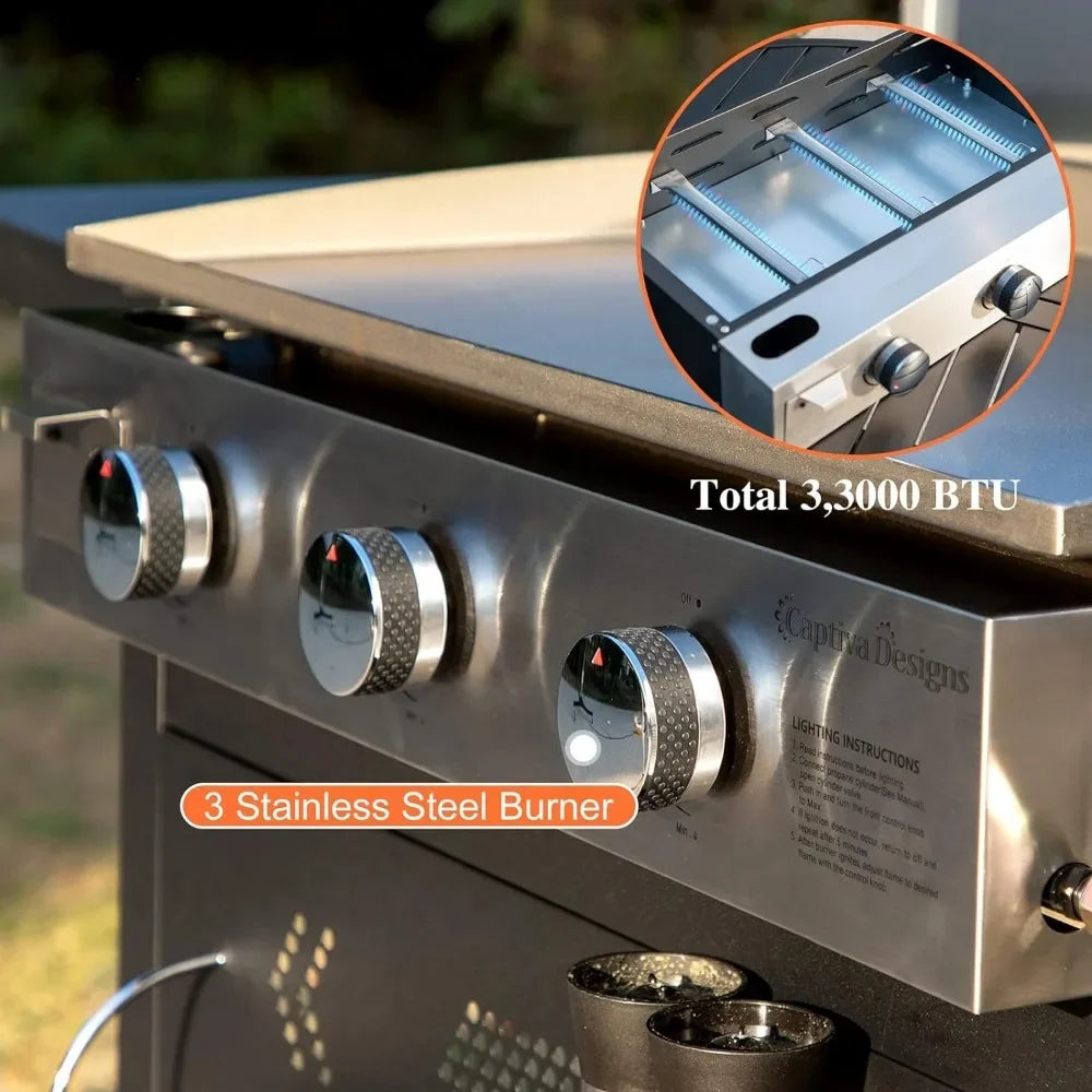 Captiva Designs Flat Top Gas Griddle Grill W/Lid 3-Burner 33 000 BTU Propane