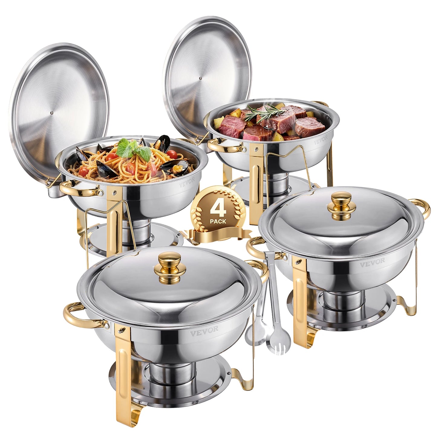 SucceBuy 4 Pack Chafing Dish Buffet Set Stainless Steel Chafer w/4 Full Size Pan Round