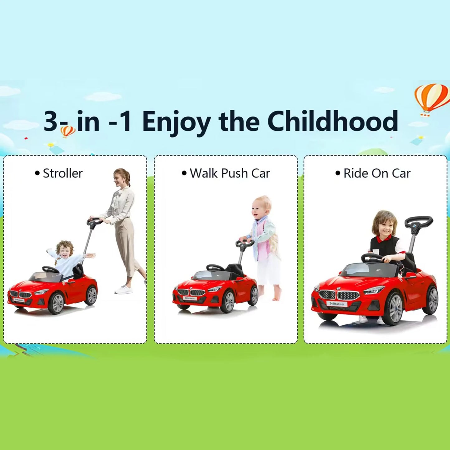 3-in-1 Kids' Push Car with Handle , Ride-Ons Toy Push Car for Toddlers 1-5