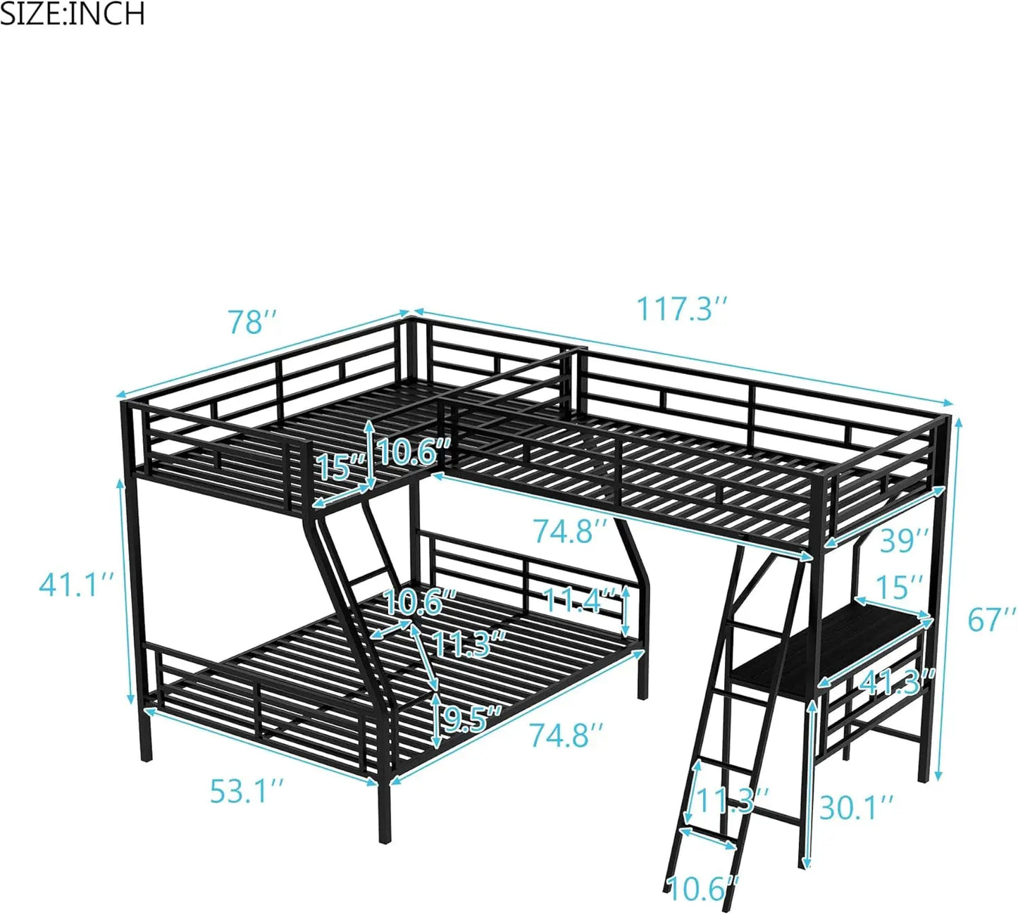 Metal L-Shaped Bunk Bed, Twin Over Full Bunk Bed/Twin Loft Bed,Triple Bunk Bed with Desk