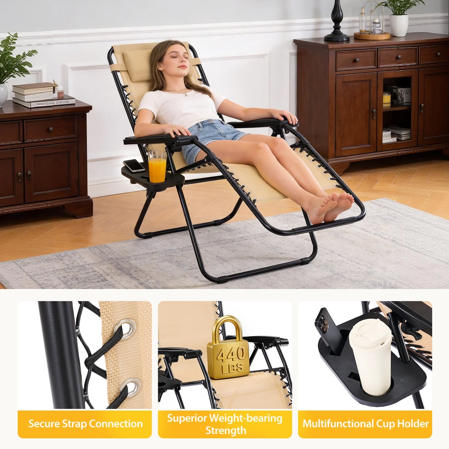 JHK Portable Zero Gravity Recliner Chairs Set of 2 Outdoor Garden Folding Lounge Chair Cup Holder