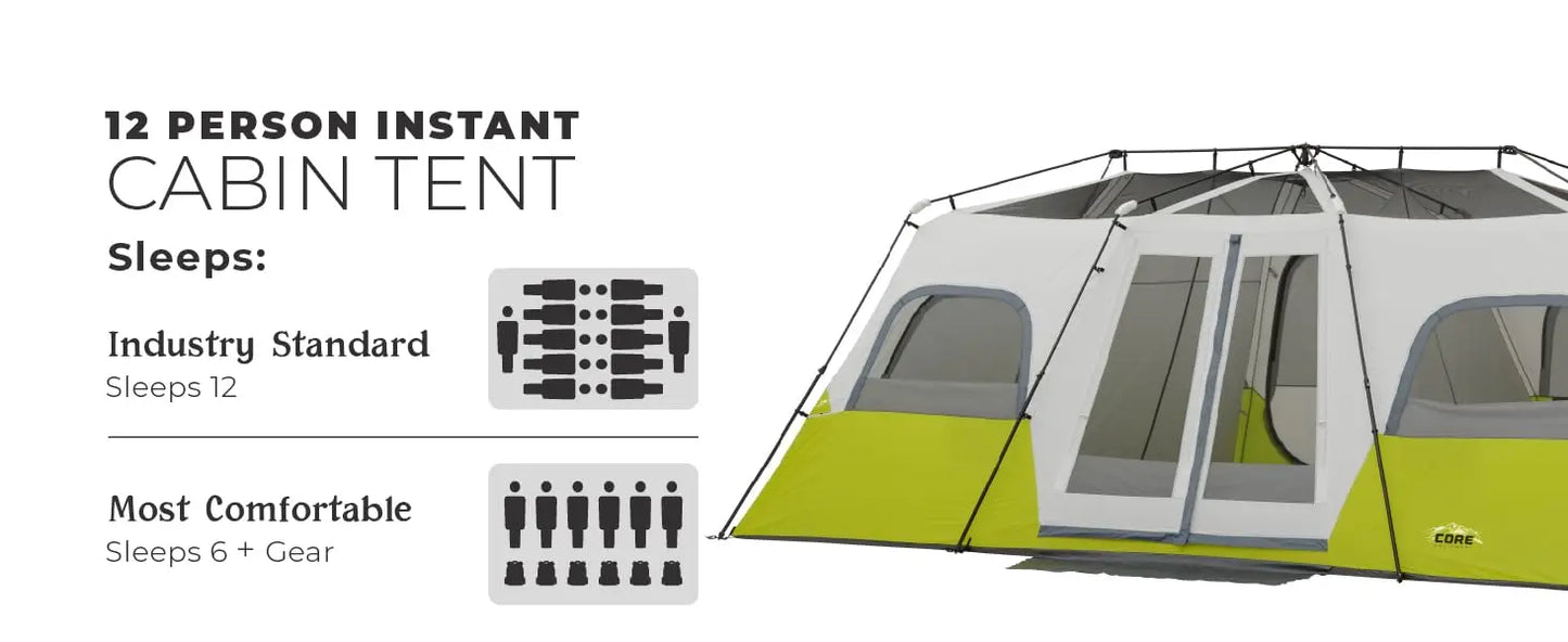 CORE 12-person instant cabin tent with 3 rooms and storage pockets, portable and sets up in 2 min