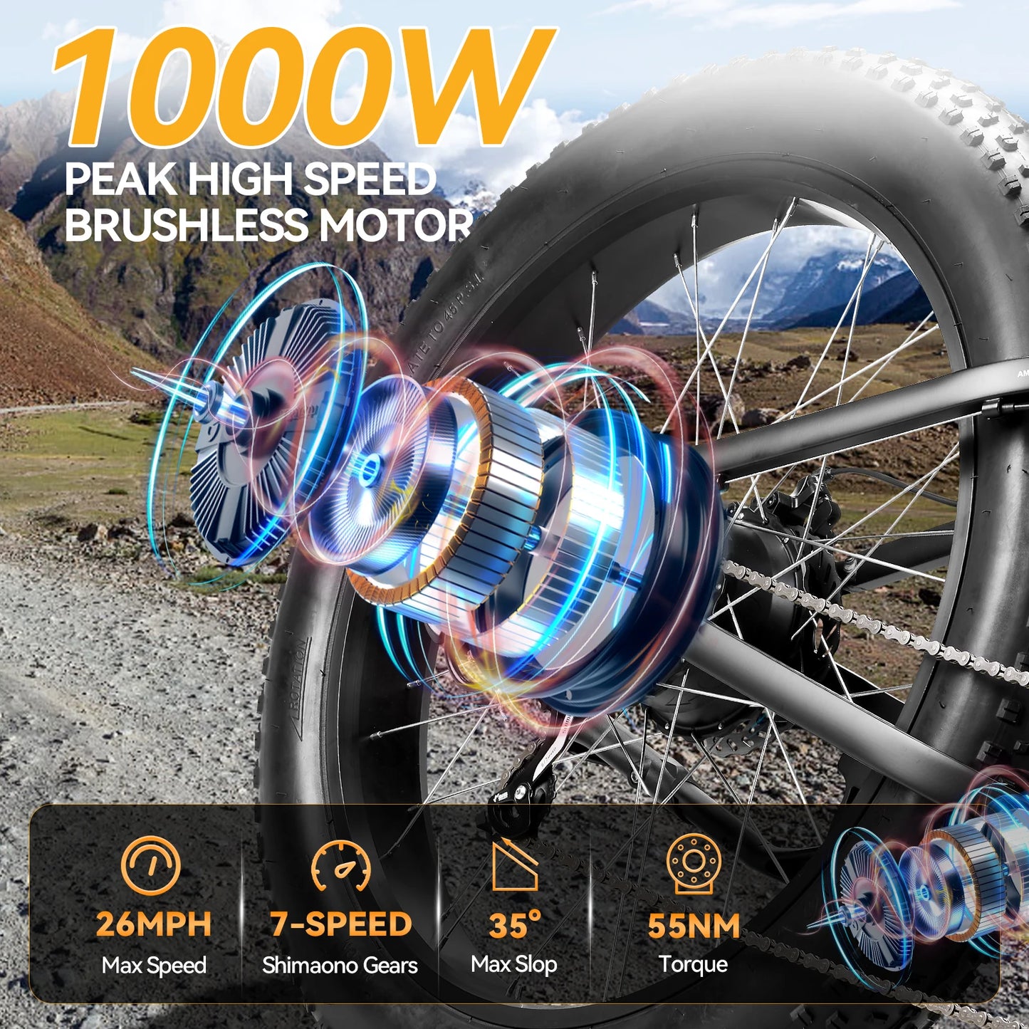 1000W Electric Bike/Fat Tire Ebike 26MPH, 48V 13Ah Battery,26"x4" Electric Mountain Bike, 7-Speed