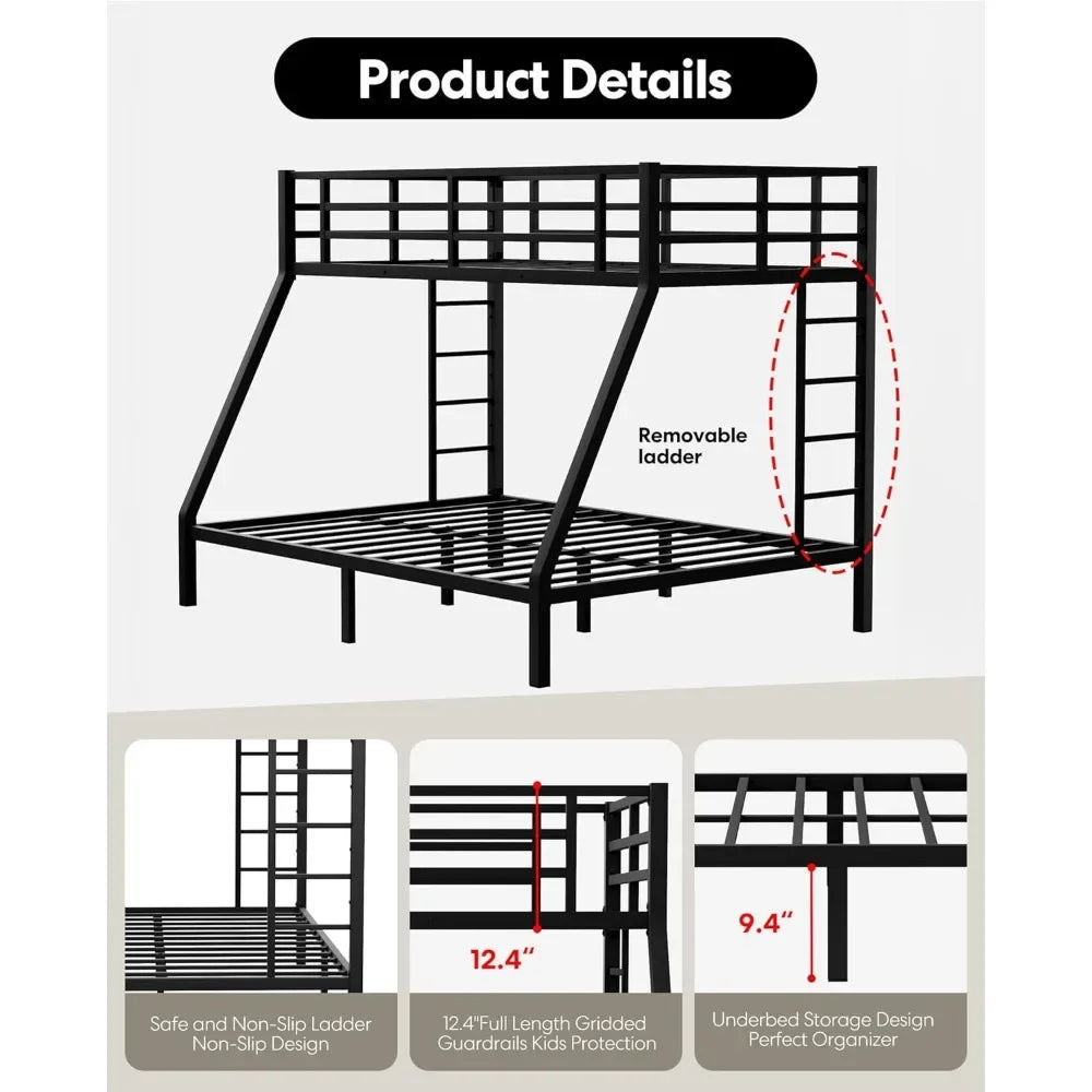 Metal Twin XL Over Queen Bunk Bed, Heavy Duty Twin XL Bunk Bed with 2 Safety Side Ladder