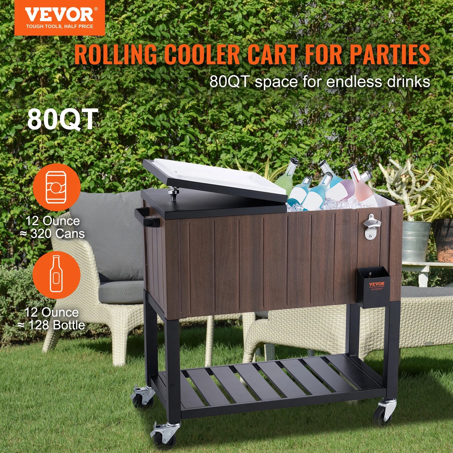 VEVOR 80QT Rolling Ice Chest Cooler Cart Portable Bar Drink Cooler Beverage Bar Stand Up Cooler