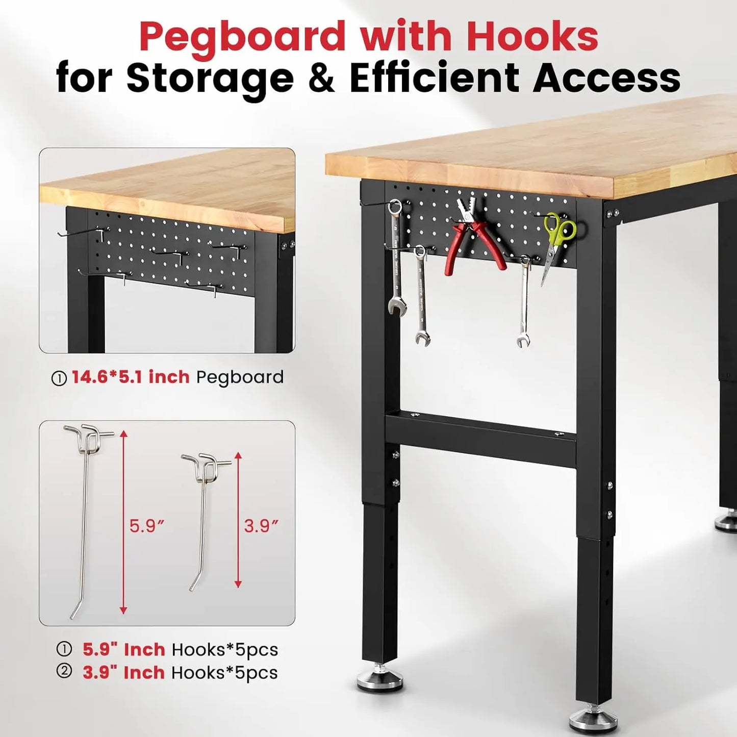 Workbench for Garage Adjustable Height Work Bench with Pegboard Power Outlets Rubber Wood Tabletop