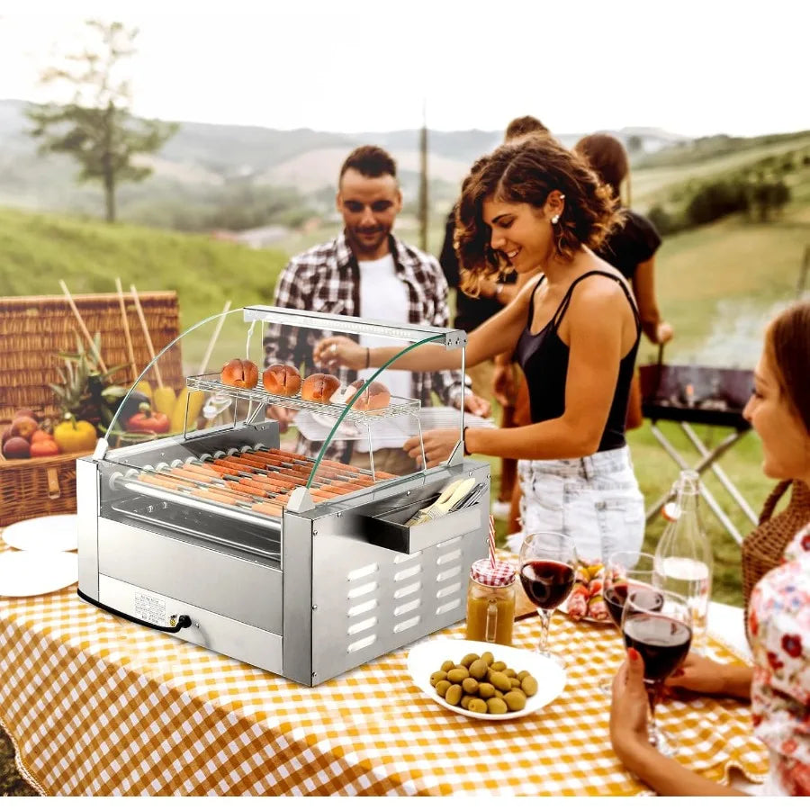 Hot Dog 2000W w/11 Rollers for 30 Hot Dogs Stainless Steel Hot Dog Machine Grill/Bun Warm Drawer
