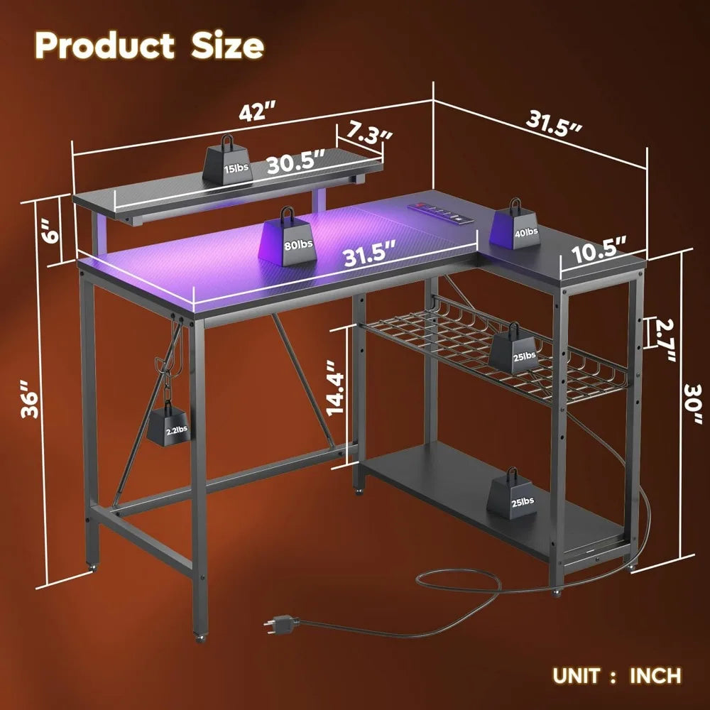 Bestier Small Gaming Desk w/Power Outlets,42 L Shaped LED Computer Desk w/Stand Reversible Shelves