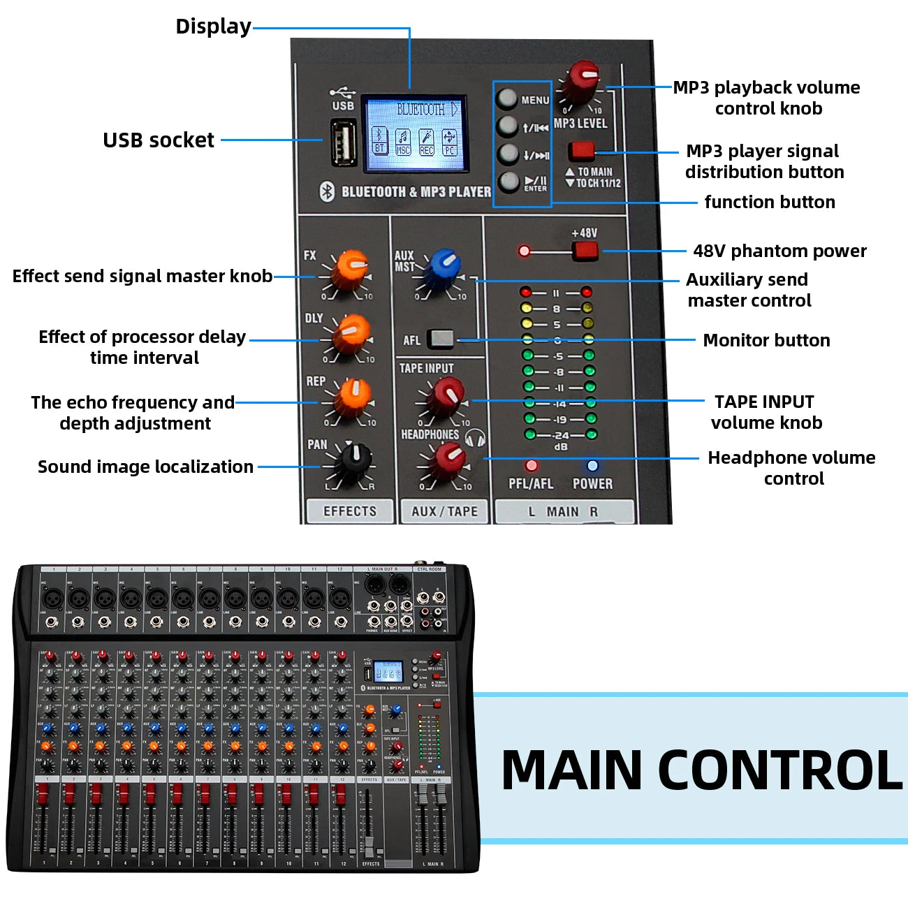 Audio Mixer 6/8/12 Channels Professional DJ mixer LR microphone/line input, AUX,FX processor MP3