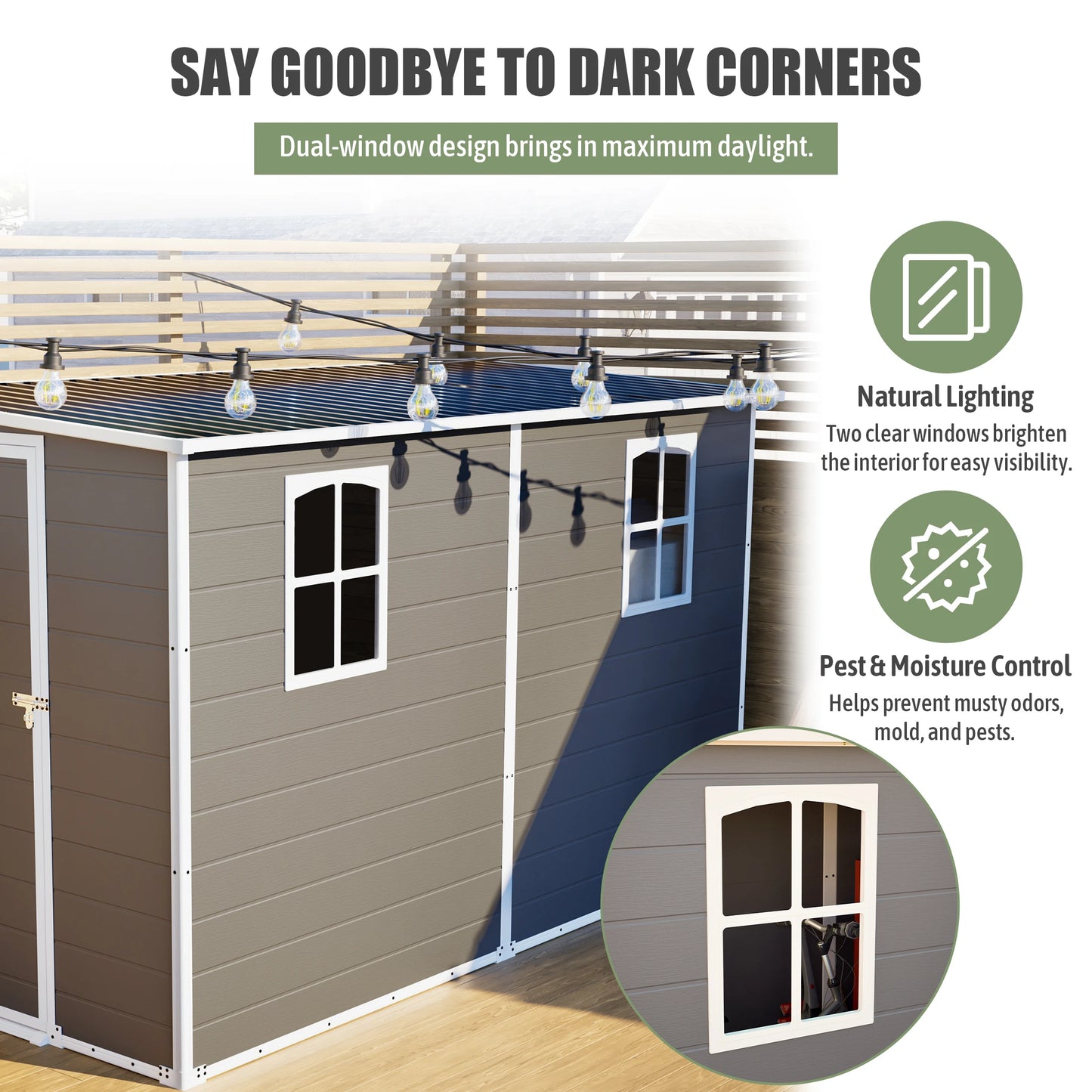 4x10 FT Gray Plastic Outdoor Storage Shed Metal Roof Two Clear Windows for Bicycles Trash Bins