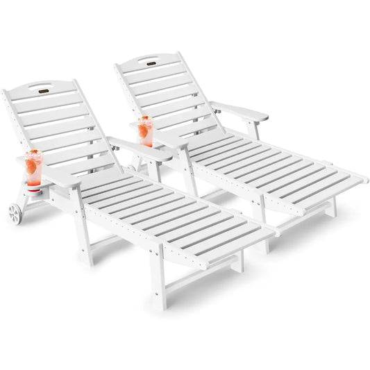 Lounge Chair Outdoor Set of 2, HDPE Chaise Lounge Outdoor w/6-Position & Wheels & Cup Holder