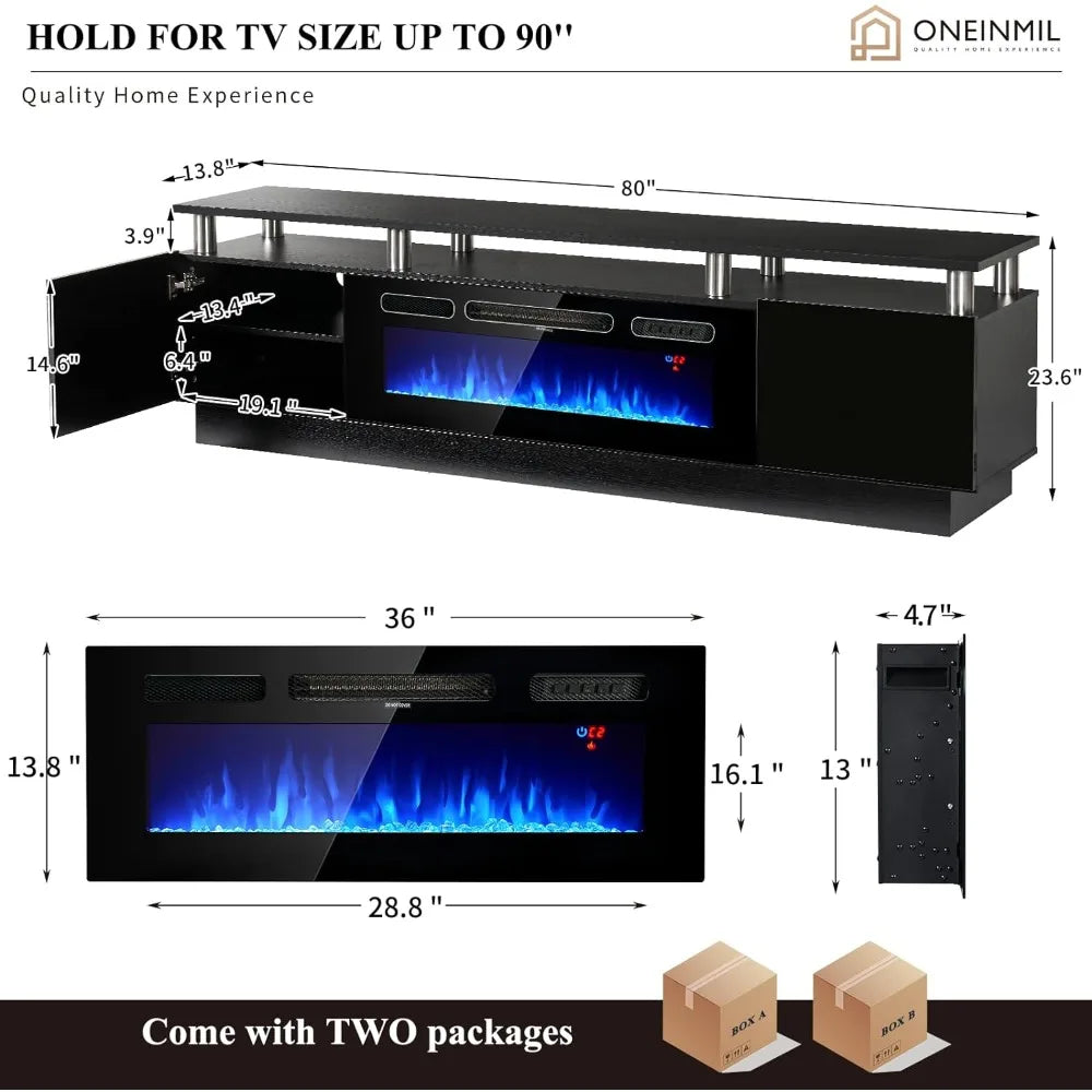 TV Stands, 36” Electric Fireplace, 2 Tier Console Stand for Up To 70", TV Stands